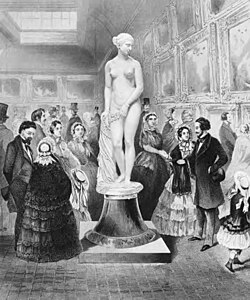 Gravure, spectateur dans une exposition admirant une statue d'esclave blanche.