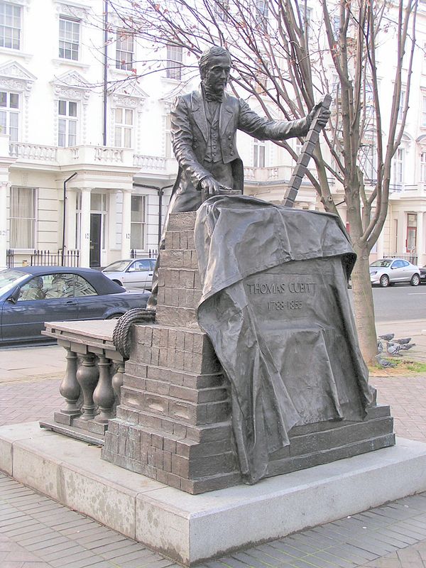 Statue of Thomas Cubitt by William Fawke, 1995. Denbigh Street, London. The twin to this statue is in Dorking, Surrey.