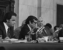 Left to right: Fred Thompson, Sen. Howard Baker, and Sen. Sam Ervin during the Senate Watergate Committee hearings ThompsonFred BakerHoward.jpg