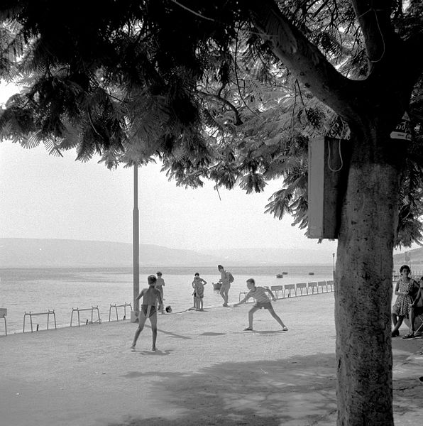 File:Tiberias. Volwassenen en kinderen op de boulevard langs het Meer van Tiberias, waaronder twee jongens die een balspel beoefenen. Israël, Meer van Tiberias, Tiberias. 1960.jpg