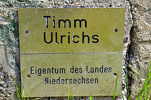 „Timm Ulrichs, Eigentum des Landes Niedersachsen“; Hinweistafel an der Bilderwand Bertramstraße