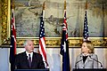 U.S. Secretary of Defense Robert Gates, left, responds to a question while U.S. Secretary of State Hillary Rodham Clinton looks on during a press conference with Australian Minister for Defense Stephen Smith 101108-D-JB366-011.jpg