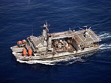 USS Ortolan, one of two twin-hulled submarine rescue ships produced in 1969. USS Ortolan (ASR-22).jpg