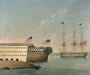 The launch of the Washington, the shipyard's first new construction, on October 1, 1814, with Congress (1799) in attendance. Painting attributed to John Samuel Blunt (1798-1835). USS Washington in 1814-by-John-S-Blunt.jpg