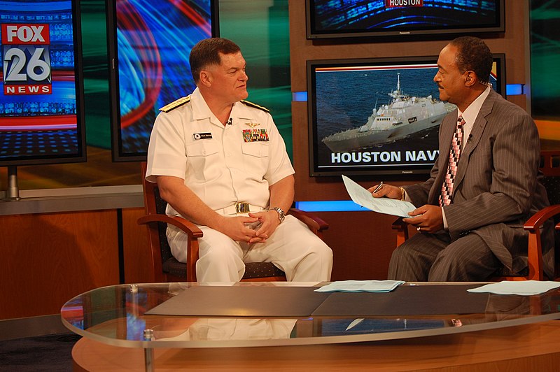 File:US Navy 091026-N-6220J-003 Rear Adm. W. Mark Skinner, program executive officer for Tactical Aircraft Programs, is interviewed by a morning news anchor on Fox 26-TV in Houston, Texas.jpg