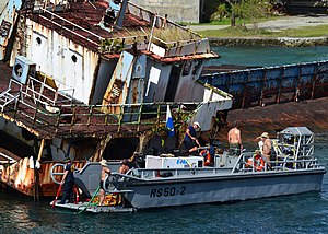 US Navy 120125-N-XX999-009 Sailors embarked aboard the rescue and salvage ship USNS Safeguard (T-ARS 50) conduct dive operations to remove the prop.jpg