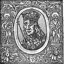 Kresba hlavy a ramen jednookého dlouhovlasého muže v brnění s korunou na hlavě, který drží královské žezlo.
