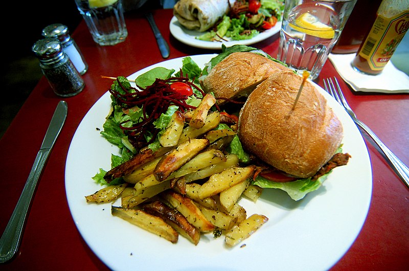 File:Veggie burger with fries at herbivore cc flickr user cameronparkins.jpg