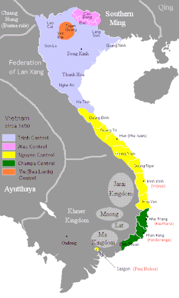 Map of Vietnam circa 1650, showing (roughly) the areas controlled by the Lê - Trịnh clan (purple), Nguyễn (yellow), Mạc (pink), and Champa (green)