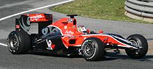 Timo Glock driving the VR-01, minus its front wing, during pre-season testing at Circuito de Jerez in February 2010. Virgin No Wing Jerez (cropped).jpg