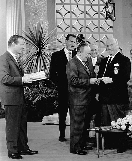 At right actor William Frawley receives from Haney a lifetime pass to Angels games during a January 1961 episode of This Is Your Life