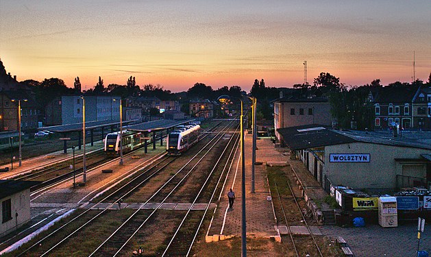 The train station at Wolsztyn, Poland, at dusk.