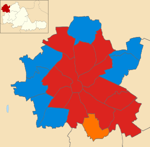 Map of the results of the 2006 Wolverhampton council election. Labour in red, Conservatives in blue and Liberal in orange. Wolverhampton UK local election 2006 map.svg