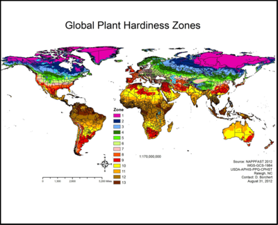 Global Plant Hardiness Zones (approximate). Antarctica is not shown; most of it except the peninsula is zone 0 or 1,
and is almost completely covered by the Antarctic ice sheet. World Hardiness Zones.png