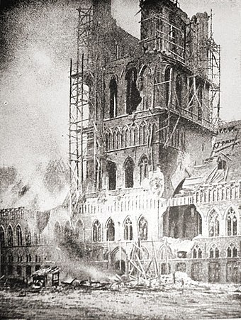 Ypres's shell-blasted Cloth Hall burns