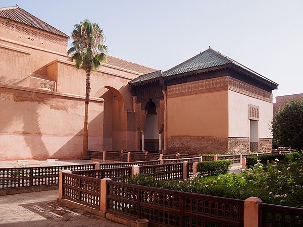 View of the older eastern mausoleum (right), built up against the outer walls of the Kasbah Mosque