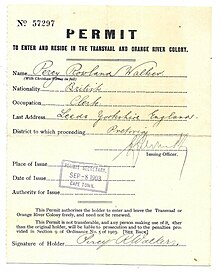 1903 British issued Orange River Colony permit following the Second Boer War. 1903 British issued Orange River Colony permit following the Second Boer War.jpg