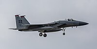 A US Air Force F-15C Eagle, tail number 85-0112, on final approach at Kadena Air Base in Okinawa, Japan. It is assigned to the 18th Wing at Kadena AB.