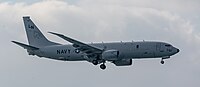 A Boeing P-8 Poseidon, tail number 168761, on final approach at Kadena Air Base in Okinawa, Japan. It is assigned to Patrol Squadron 45 (VP-45) at NAS Jacksonville, Florida, United States.