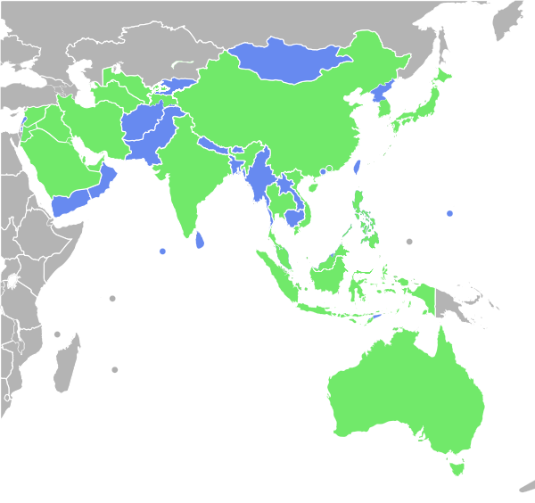 Map of AFC countries whose teams reached the group stage of the AFC Champions League .mw-parser-output .legend{page-break-inside:avoid;break-inside:avoid-column}.mw-parser-output .legend-color{display:inline-block;min-width:1.25em;height:1.25em;line-height:1.25;margin:1px 0;text-align:center;border:1px solid black;background-color:transparent;color:black}.mw-parser-output .legend-text{}  AFC member country that has been represented in the group stage   AFC member country that has not been represented in the group stage