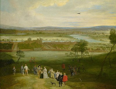 Adriaen van Stalbemt's A View of Greenwich, c. 1632, showing King Charles I (in the black hat) and his family. Greenwich Palace can be seen in front of the River Thames behind them. Royal Collection, London. Adriaen van Stalbemt - A View of Greenwich.jpg