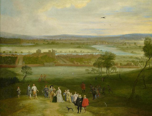 Adriaen van Stalbemt's A View of Greenwich, c. 1632, showing King Charles I (in the black hat) and his family. Greenwich Palace can be seen in front o