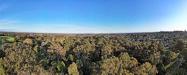 Aerial panorama of Wattle Park facing Melbourne's skyline. August 2023.