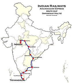 Ahilyanagari Express (INDB-TVC) Route map.jpg