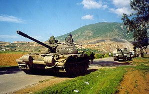 Albanian army deploys T-59 tanks near Kosovo border, May 1999 (Robert Wright).jpg