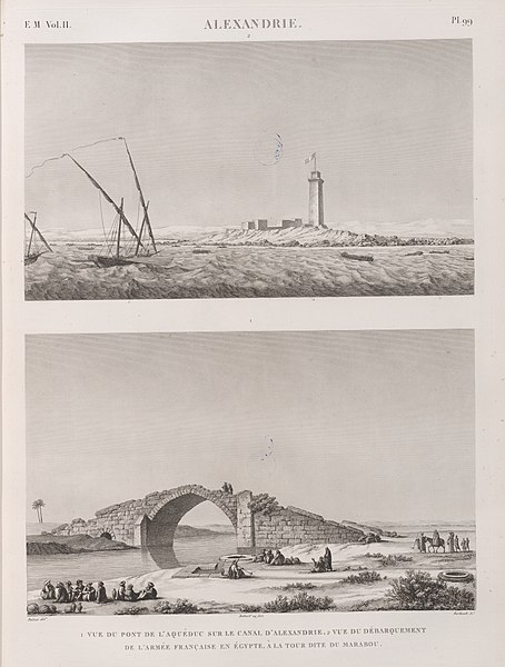 Pl.99 - 1. Vue du pont de l'aquéduc sur le canal d'Alexandrie 2. Vue du débarquement de l'armée française en Égypte, à la tour dite du Marabou
