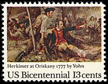 General Nicholas Herkimer, commander at the Battle of Oriskany in 1777 and namesake of Herkimer County American Bicentennial - Battle of Oriskany - 13c 1977 issue U.S. stamp.jpg