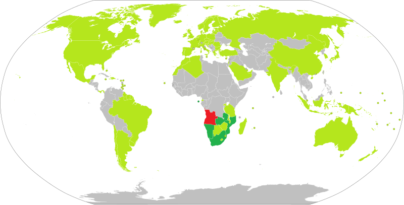 Visa policy of Angola
.mw-parser-output .legend{page-break-inside:avoid;break-inside:avoid-column}.mw-parser-output .legend-color{display:inline-block;min-width:1.25em;height:1.25em;line-height:1.25;margin:1px 0;text-align:center;border:1px solid black;background-color:transparent;color:black}.mw-parser-output .legend-text{}
Angola
Visa not required for short stays by bilateral agreement
Visa not required for up to 30 days per entry and 90 days per year
Visa required Angola visa policy map.svg