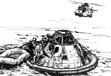 Parachutes are deployed, slowing the CM for a splashdown in the Pacific Ocean. The astronauts are recovered and brought to an aircraft carrier.