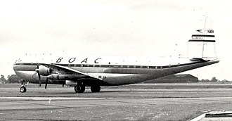 SAS never took delivery of their Boeing 377 Stratocruiser, which were instead delivered to British Overseas Airways Corporation BOAC Stratocruiser at Manchester 1954.jpg