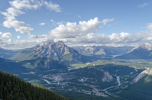 View from the summit of Sulphur Mountain, showing Banff and the surrounding areas