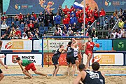 Deutsch: Beachhandball Europameisterschaften 2019 (Beach handball Euro); Tag 6: 7. Juli 2019 – Spiel um Platz Drei, Männer, Ungarn-Russland 2:0 (26:20, 23:22) English: Beach handball Euro; Day 6: 7 July 2019 – Men's Bronze Medal Match – Hungary-Russia 2:0 (26:20, 23:22)