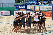 Deutsch: Beachhandball Europameisterschaften 2019 (Beach handball Euro); Tag 2: 3. Juli 2019 – Männer, Vorrunde Gruppe A, Spanien-Norwegen 1:2 (22:26, 28:22, 8:10) English: Beach handball Euro; Day 2: 3 July 2019 – Men Preliminary Round Group A - Spain-Norway 1:2 (22:26, 28:22, 8:10)