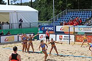 Deutsch: Beachhandball Europameisterschaften 2019 (Beach handball Euro); Tag 2: 3. Juli 2019 – Frauen, Vorrunde Gruppe C, Spanien-Griechenland 2:1 (12:20, 18:16; 8:2) English: Beach handball Euro; Day 2: 3 July 2019 – Women Preliminary Round Group C – Spain-Greece 2:1 (12:20, 18:16; 8:2)