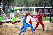 Deutsch: Beachhandball bei den Olympischen Jugendspielen 2018; Tag 6, 11. Oktober 2018; Mädchen, Platzierungsspiel um Platz 7 - Russland-Venezuela 2:0 English: Beach handball at the 2018 Summer Youth Olympics at 11 October 2018 – Girl's Placement Match 7-8 – Russia-Venezuela 2:0