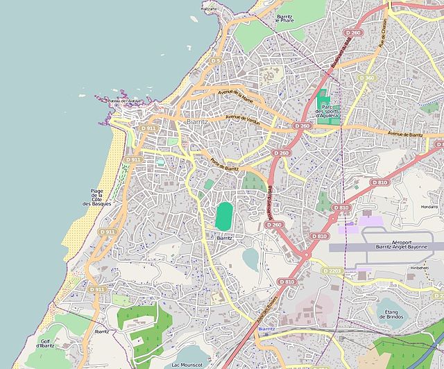 Mapa konturowa Biarritz, u góry znajduje się punkt z opisem „Cerkiew Opieki Matki Bożej i św. Aleksandra Newskiego”