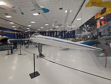 A non-flying mockup of the XB-1 at Wings Over the Rockies Air and Space Museum Boom XB-1 mockup Wings Over the Rockies 2023.jpg