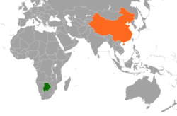 Карта, показваща местоположенията на Ботсвана и Китай
