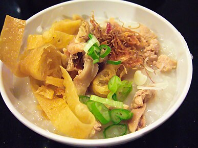Bubur ayam, with additional toppings