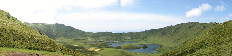 A panorama of the Caldeirão, the remnants of the last Plinian eruption on the island of Corvo, as seen from the crater rim around Malaguetas