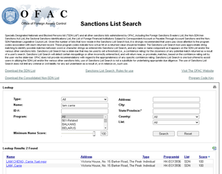 <span class="mw-page-title-main">Specially Designated Nationals and Blocked Persons List</span> US sanctions list