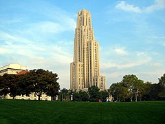 Cathedral of Learning, built in 1926, bounded by Forbes, Fifth, and S. Bellefield Avenues and Bigelow Boulevard. The tallest academic building in the United States.