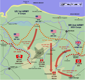 Un diagramma del "vuoto di Caumont" e l'avanzata fatta dalle forze anglo-americane, come scritto in seguito.