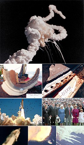 De gauche à droite, de haut en bas : traînée de fumée après la désintégration de la navette spatiale américaine Challenger 73 secondes après son lancement ; débris d'un propulseur d'appoint à poudre ; joints toriques brûlés, les fautifs de l'accident ; décollage final de Challenger ; cérémonie funéraire tenue par le président Ronald Reagan en hommage aux astronautes ; explosion en vol de Challenger.