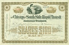 Share of the Chicago and South Side Rapid Transit Railroad Company, issued 3. February 1894 Chicago and South Side Rapid Transit RR 1894.jpg