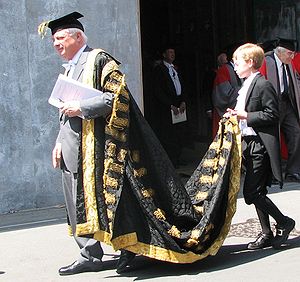 The Chancellor of the University of Oxford, Lord Patten of Barnes, leaves the Sheldonian Theatre after the 2009 Encaenia. He was elected in 2003, and is the latest holder of an office that dates back to the early 13th century.
